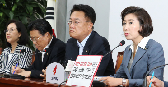 나경원 자유한국당 원내대표(오른쪽)가 31일 국회에서 북한 미사일 발사관련 국방,외통,정보위-원내부대표단 연석회의을 열고 발언하고 있다. 연합뉴스